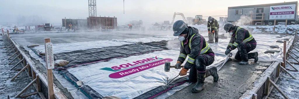 Ready mix Concrete covered with thermal blankets in winter